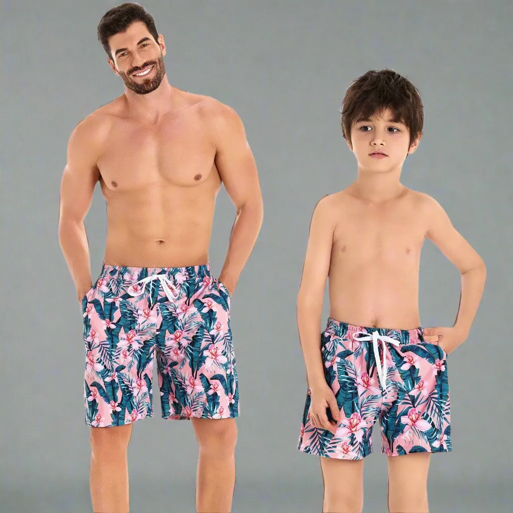 Tropical Flair Father and Son Matching Swim Trunks  Flamingo and Foliage Print
