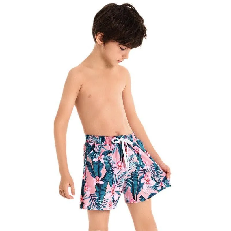 Tropical Flair Father and Son Matching Swim Trunks  Flamingo and Foliage Print