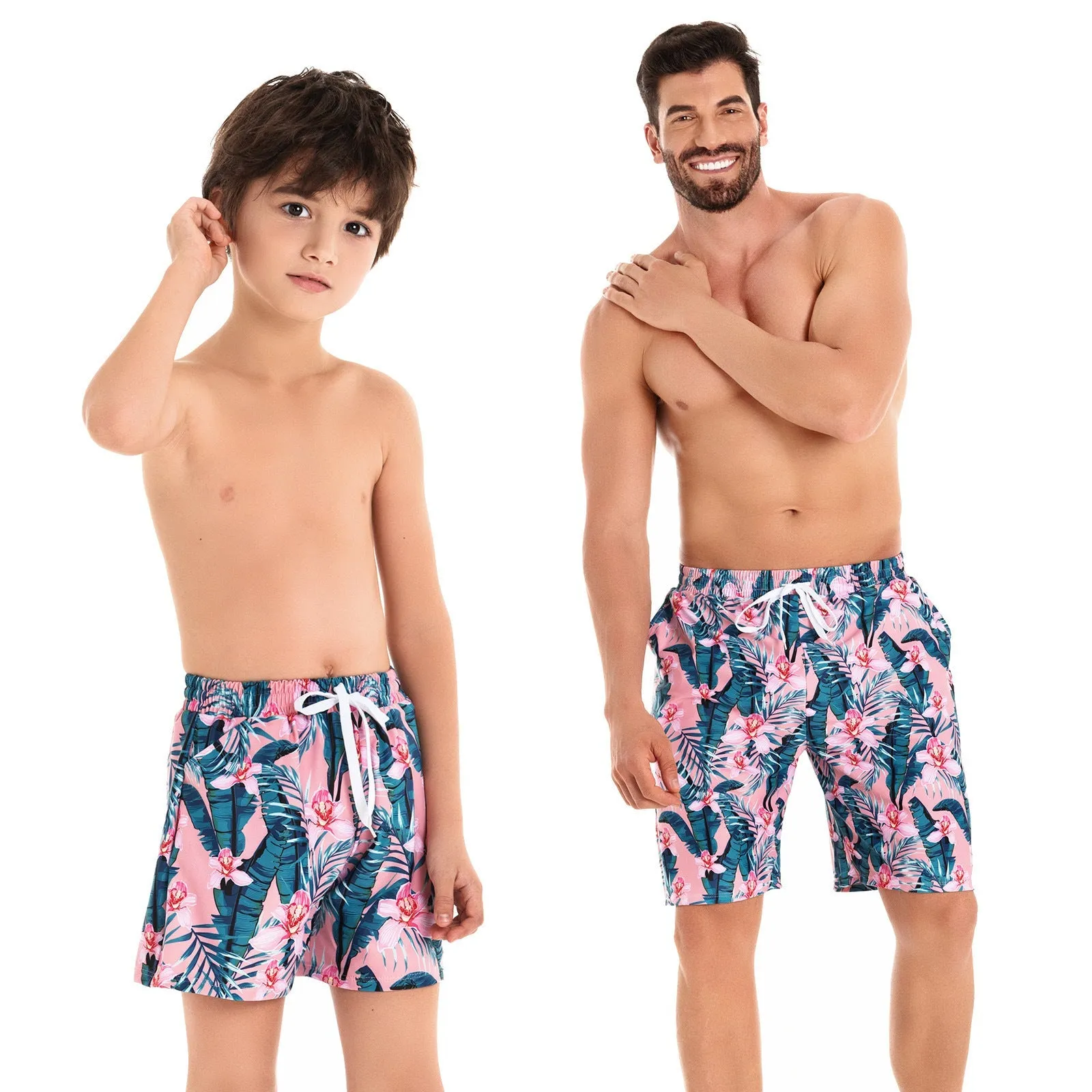 Tropical Flair Father and Son Matching Swim Trunks  Flamingo and Foliage Print