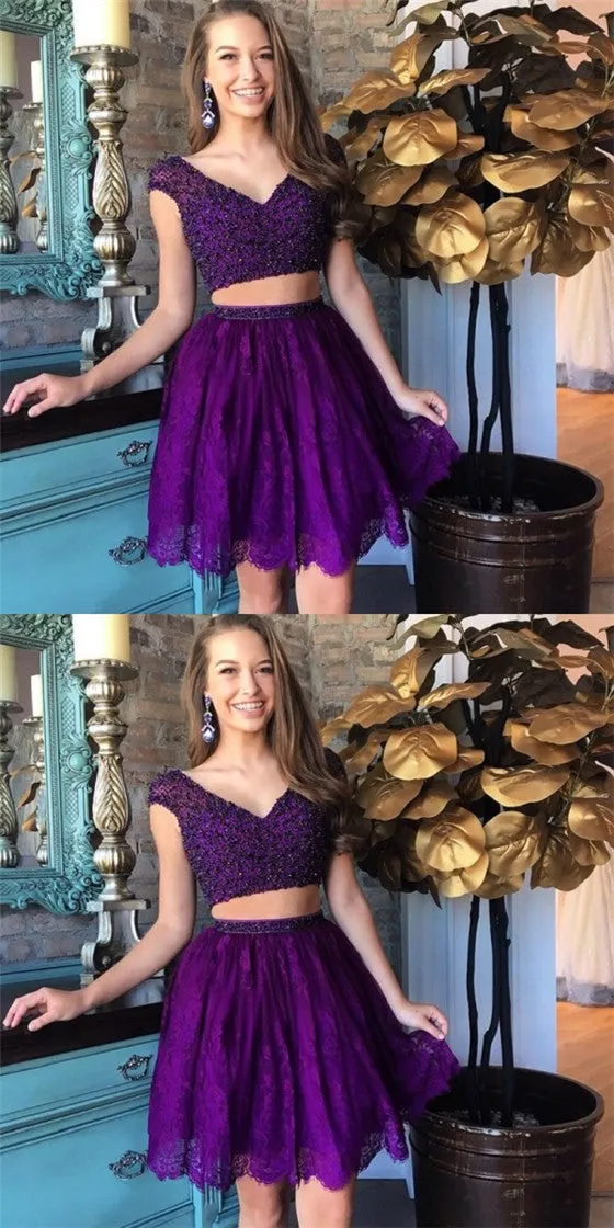 Two Piece V-Neck Beading Purple Short Cheap Homecoming Dresses with Lace, QB0183