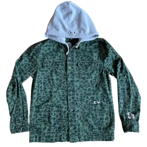 UPCYCLED Leopard Camo Army Jacket with detachable fleece hood.