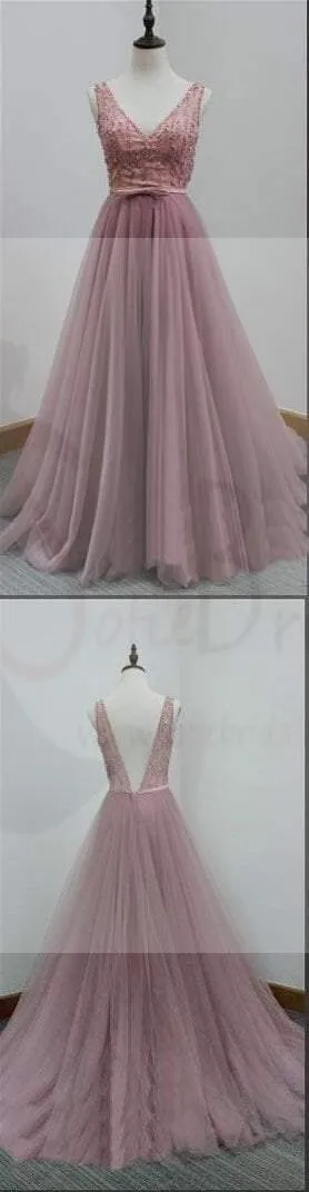 V-Back Tulle Prom Dresses,A-line Party Dresses, Evening Dresses,Long Prom Dress