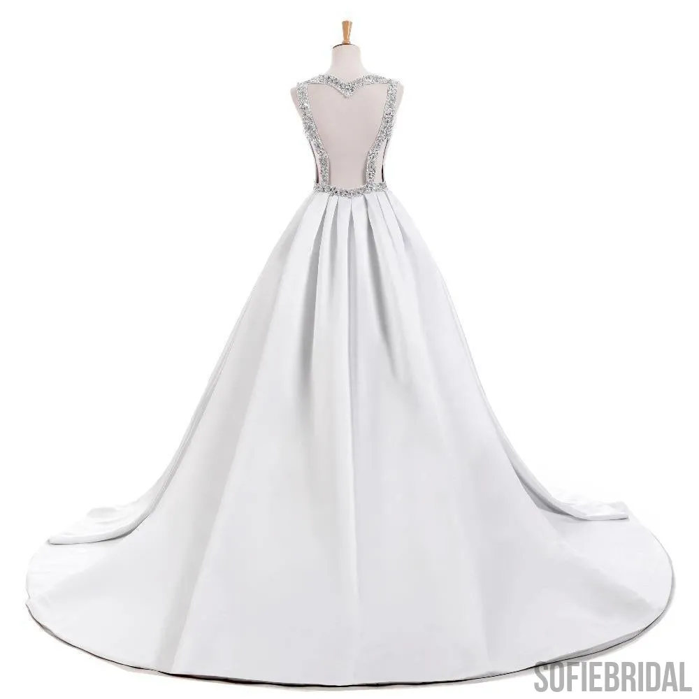V-neck Elegant Simple Design White Satin A-line Beaded Belt Wedding Dresses, WD0240