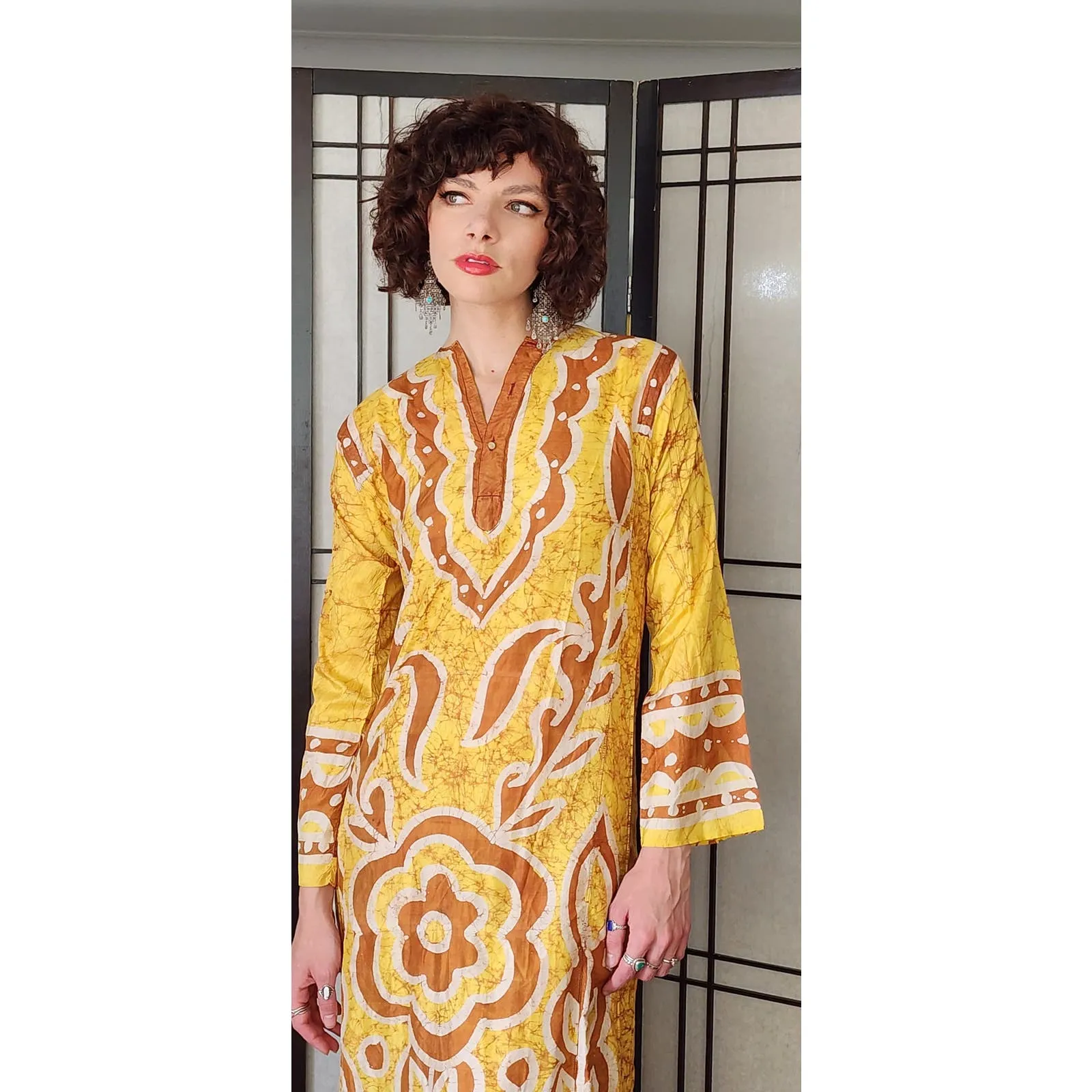Vintage 60s Caftan Dress in Yellow Brown Psychedelic Print
