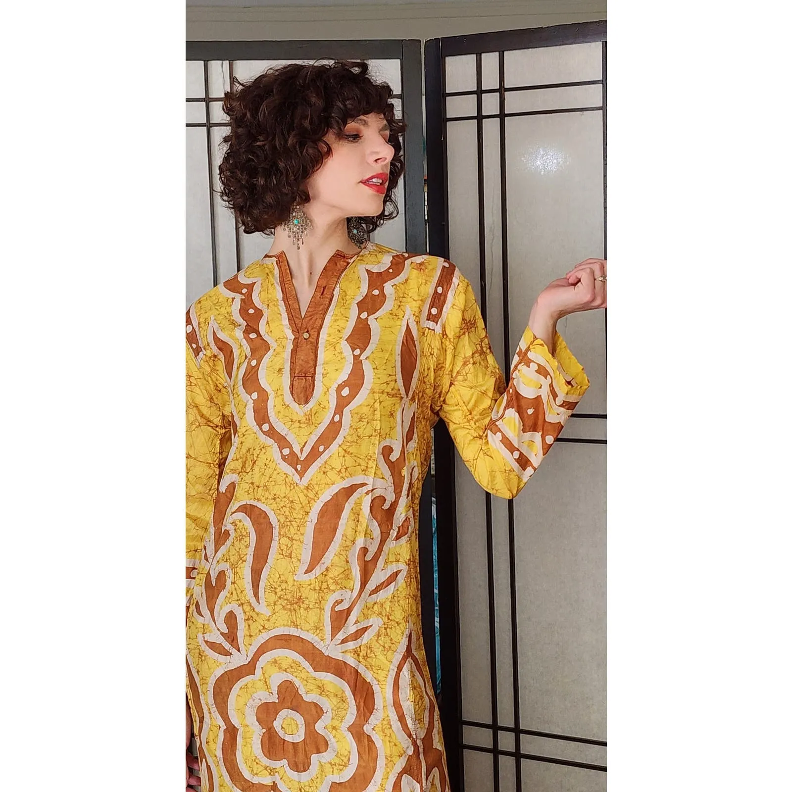 Vintage 60s Caftan Dress in Yellow Brown Psychedelic Print
