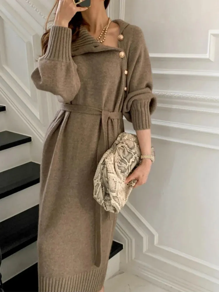 Vintage Turtleneck Buttons Long Sleeve Long Dress