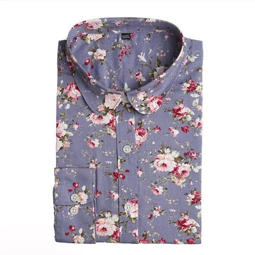 Vintage Women Shirts Long Sleeves Cotton Blouses Turn Down Collar Floral Shirts Fashion Women Shirt Tops
