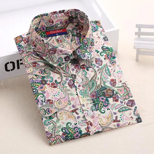Vintage Women Shirts Long Sleeves Cotton Blouses Turn Down Collar Floral Shirts Fashion Women Shirt Tops