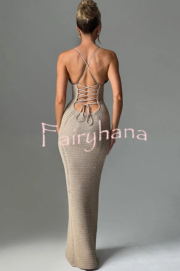 Warm Weather Favorite Knit Crochet Hollow Out Back Lace-up Stretch Maxi Dress