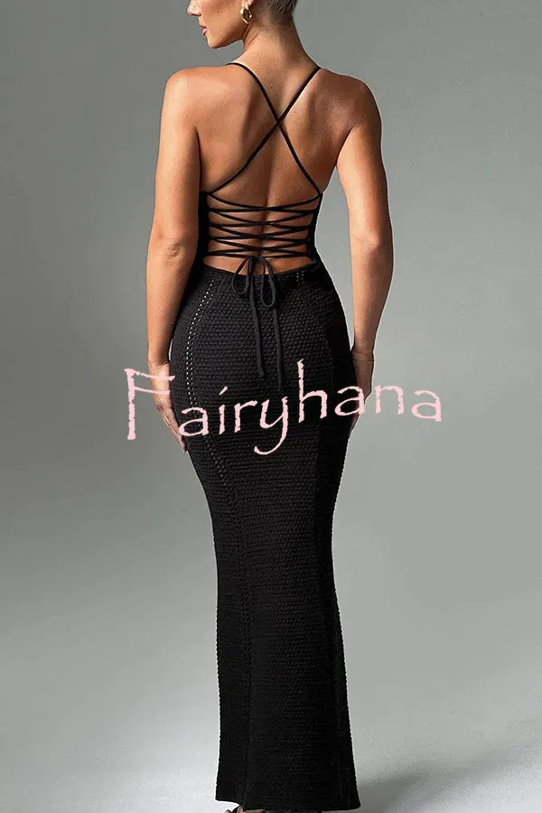Warm Weather Favorite Knit Crochet Hollow Out Back Lace-up Stretch Maxi Dress