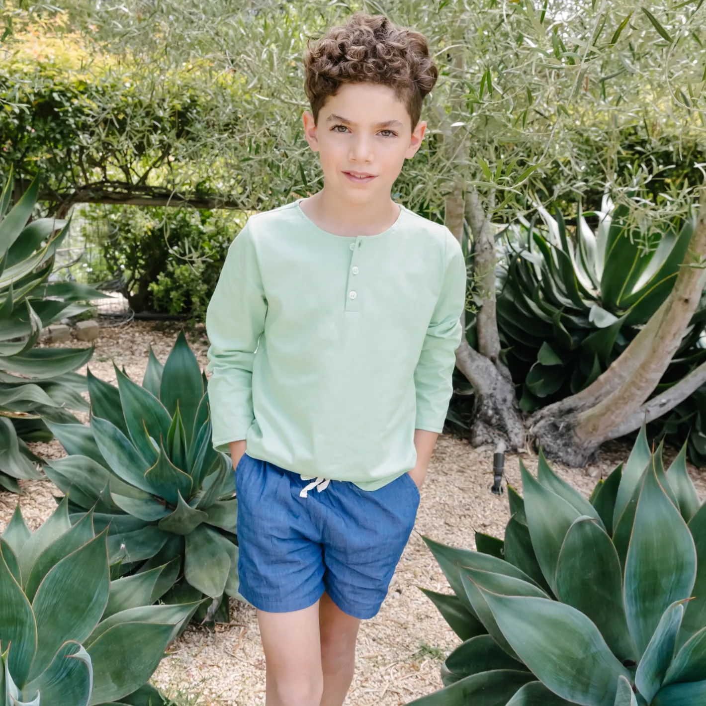 Washed Chambray Twill Drawstring Shorts