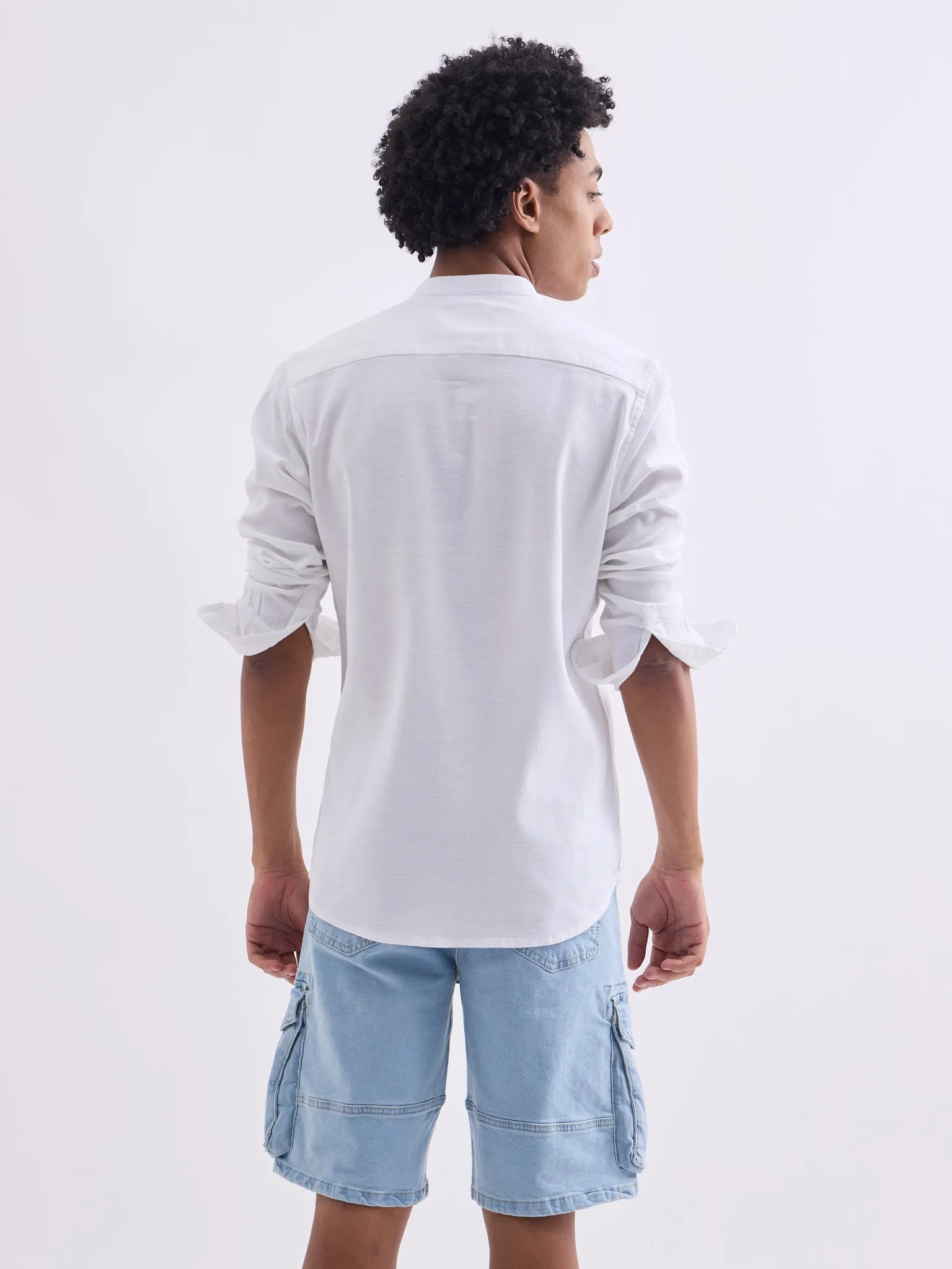 White Chinese Collar Slim Fit Shirt