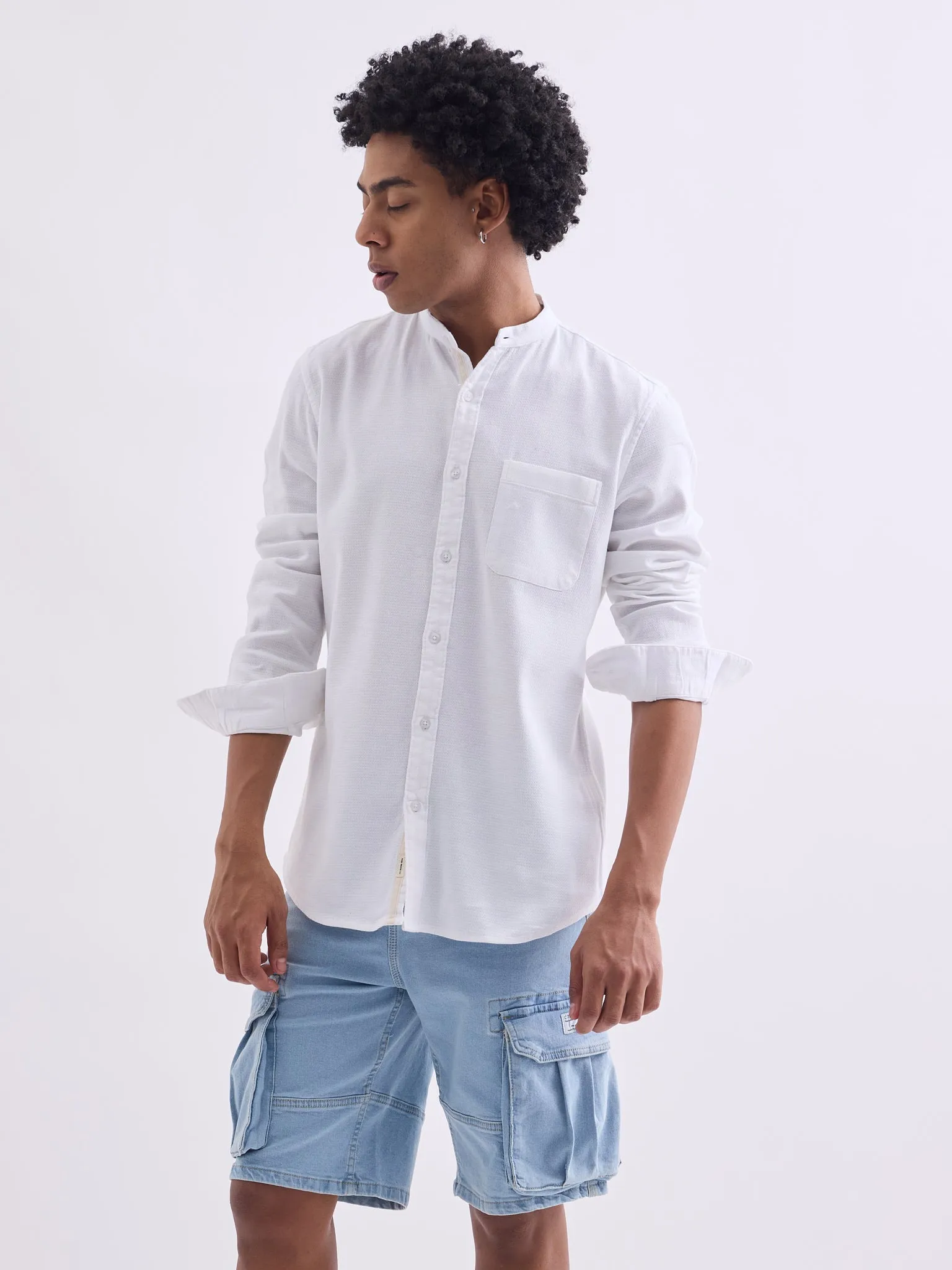 White Chinese Collar Slim Fit Shirt