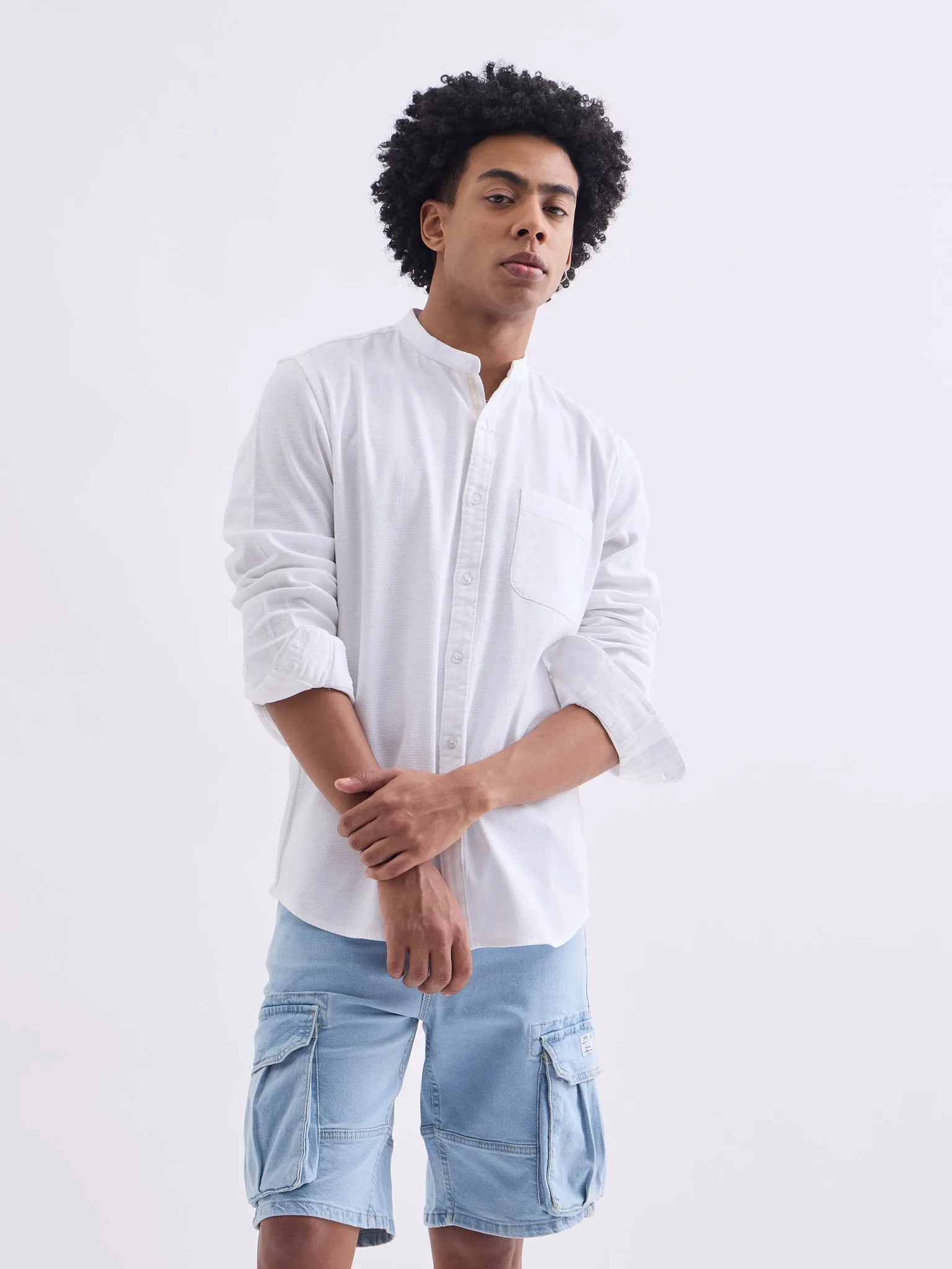 White Chinese Collar Slim Fit Shirt
