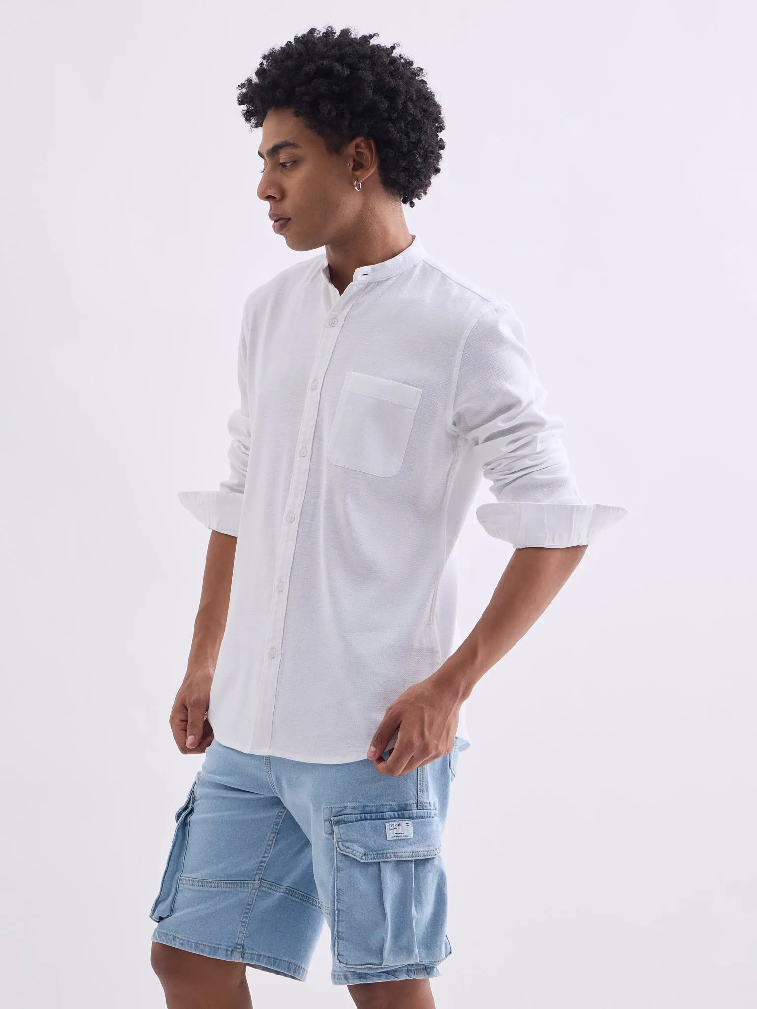 White Chinese Collar Slim Fit Shirt