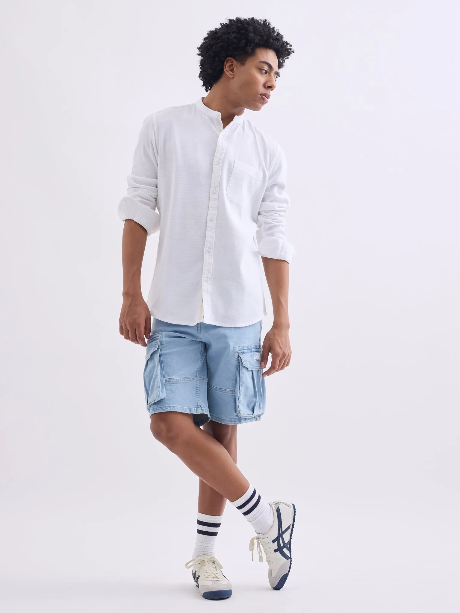 White Chinese Collar Slim Fit Shirt