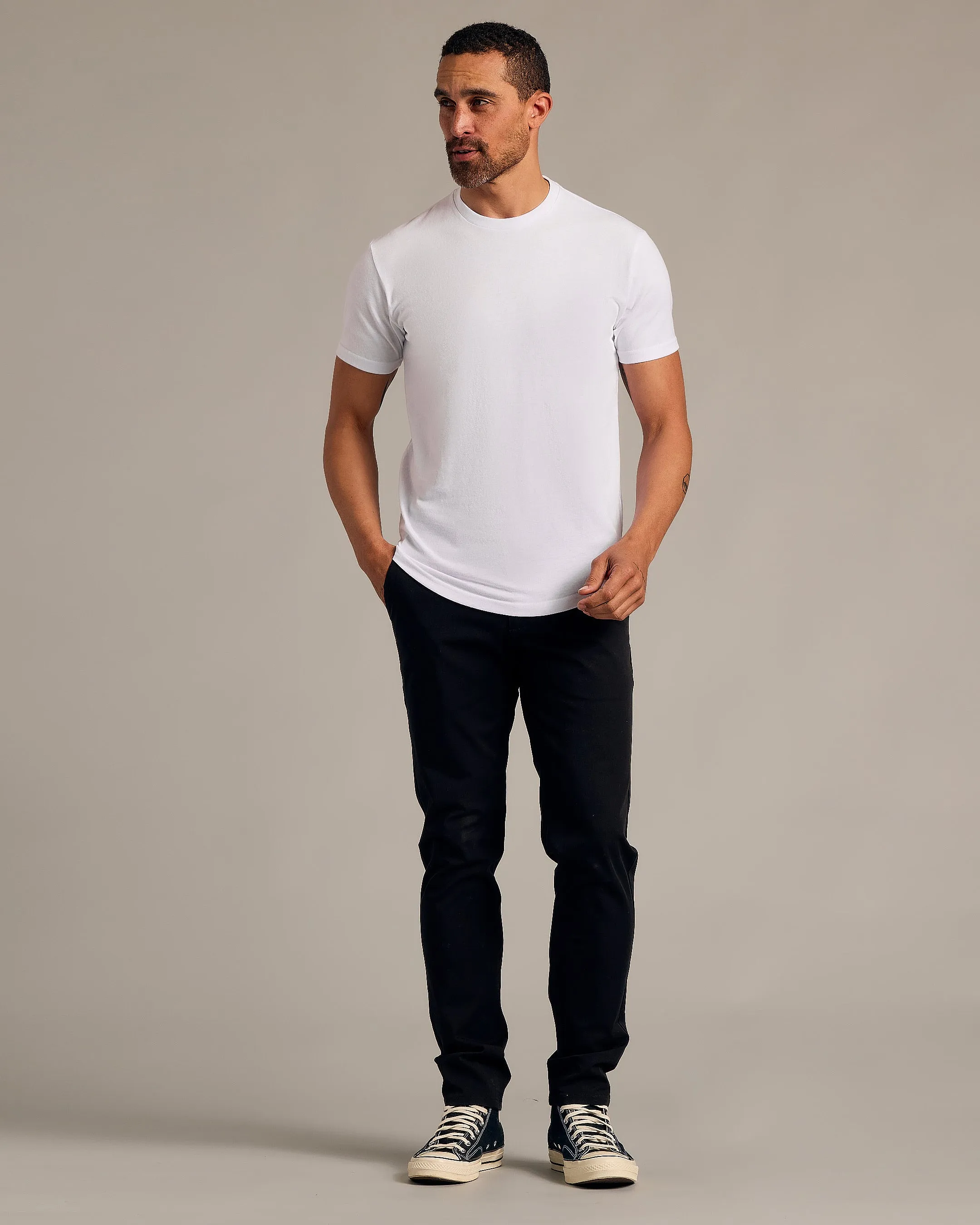 White Short Sleeve Curved Hem Crew