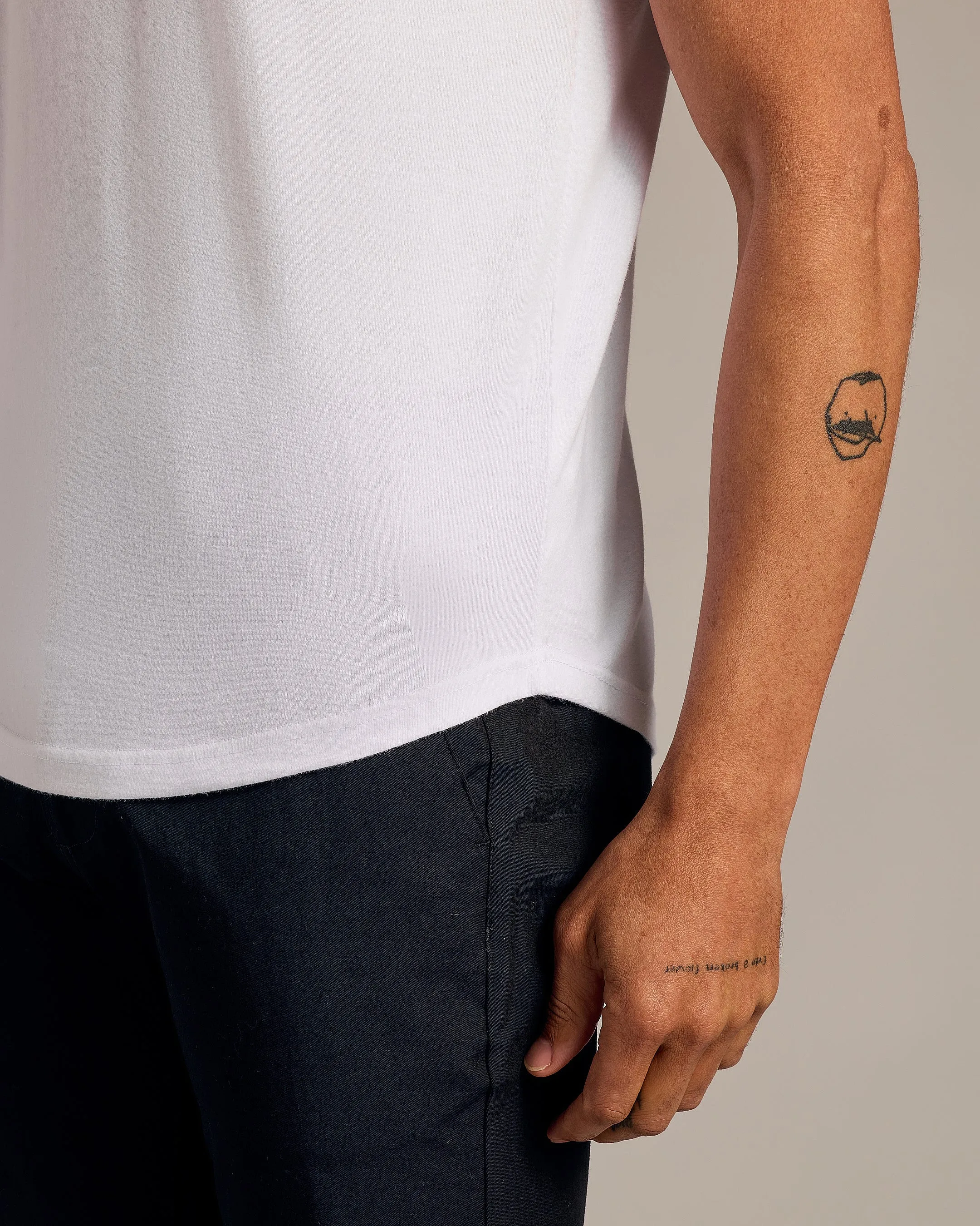 White Short Sleeve Curved Hem Crew