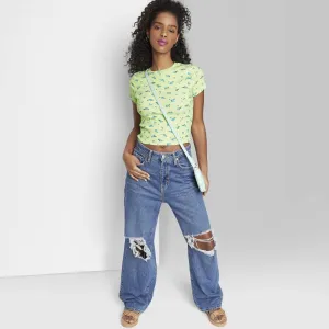 Wild Fable Women's Short Sleeve Slim Fit Baby T-Shirt Green / Blue Floral L