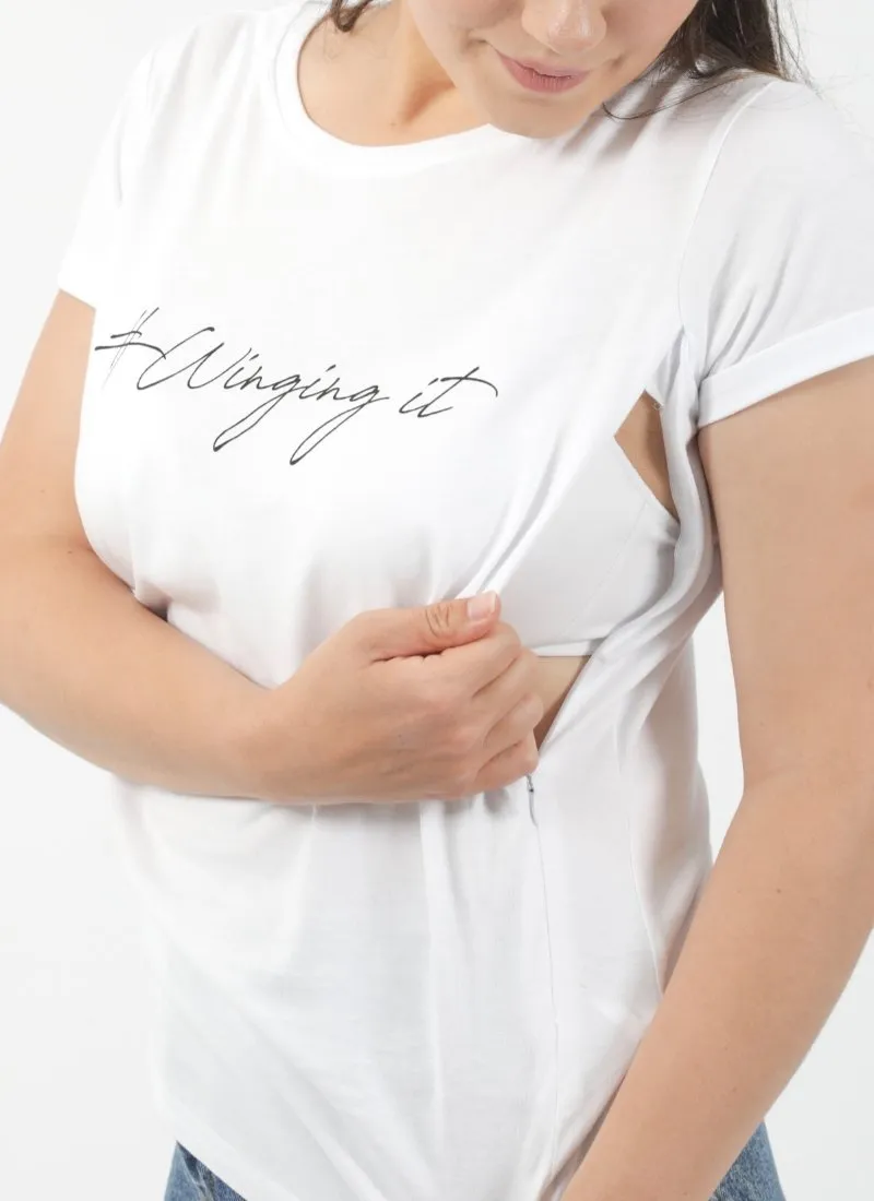 WINGING IT Breastfeeding T-shirt with Zips - White (Organic Cotton)