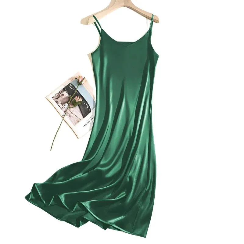 Women Adjustable Strap Satin  Long Birthday Party Dresses Maxi Beach Sundress Robe