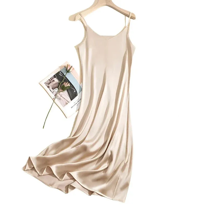 Women Adjustable Strap Satin  Long Birthday Party Dresses Maxi Beach Sundress Robe