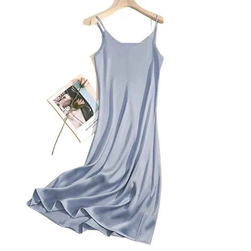Women Adjustable Strap Satin  Long Birthday Party Dresses Maxi Beach Sundress Robe