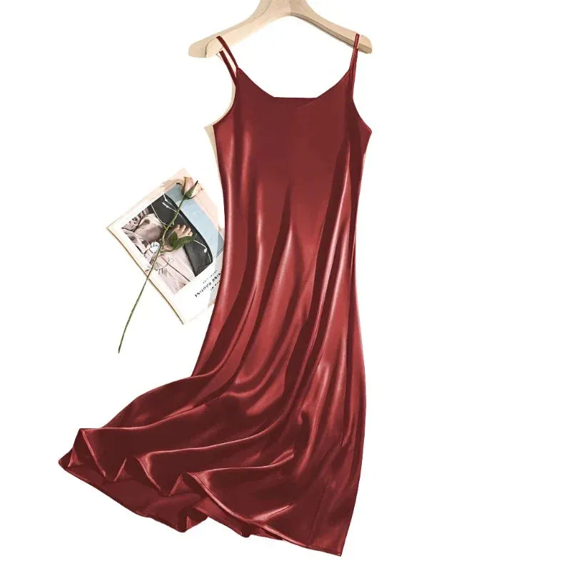 Women Adjustable Strap Satin  Long Birthday Party Dresses Maxi Beach Sundress Robe