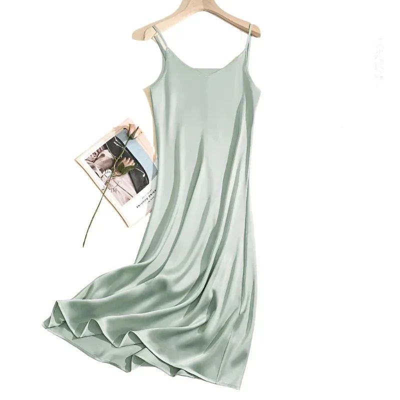 Women Adjustable Strap Satin  Long Birthday Party Dresses Maxi Beach Sundress Robe
