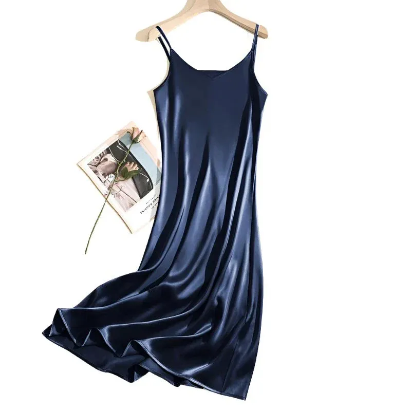 Women Adjustable Strap Satin  Long Birthday Party Dresses Maxi Beach Sundress Robe