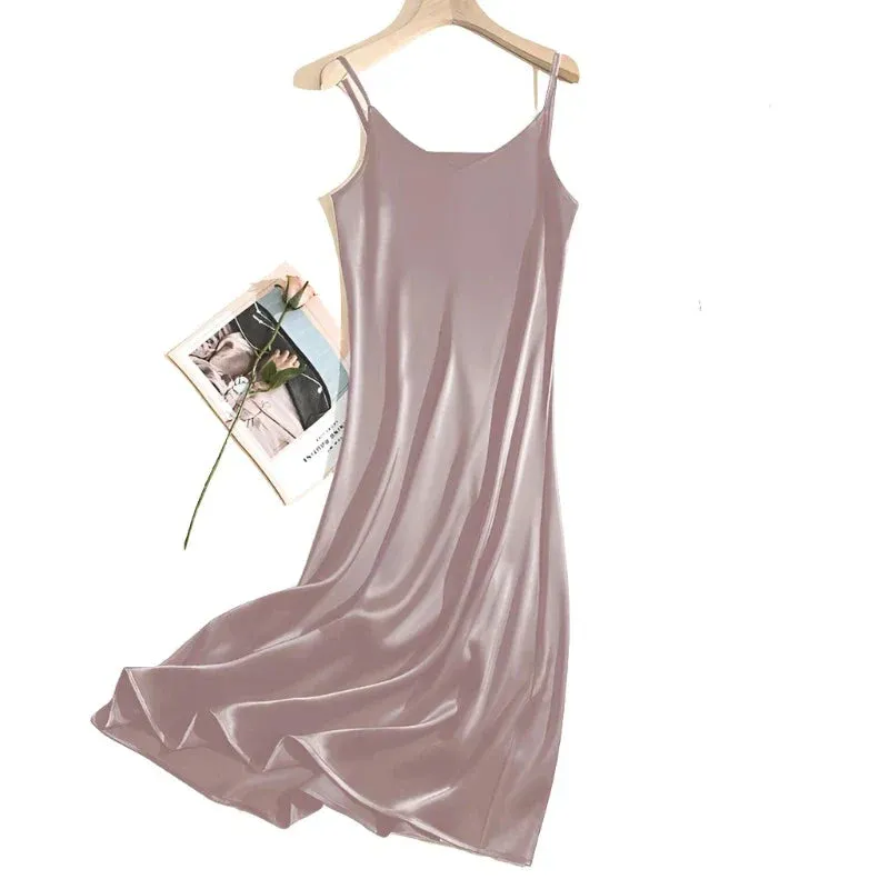 Women Adjustable Strap Satin  Long Birthday Party Dresses Maxi Beach Sundress Robe