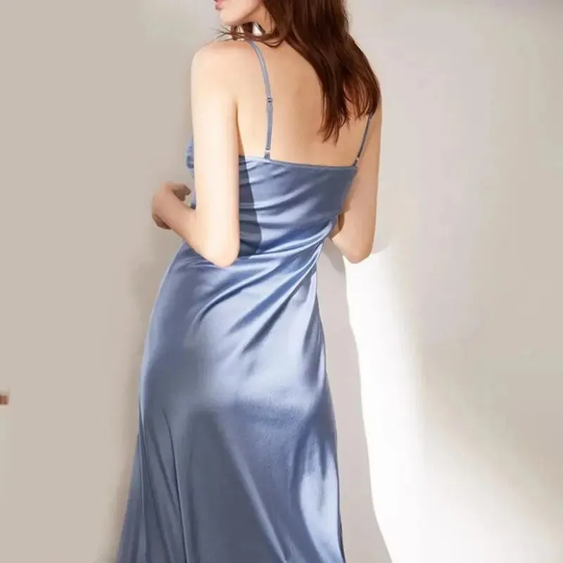 Women Adjustable Strap Satin  Long Birthday Party Dresses Maxi Beach Sundress Robe