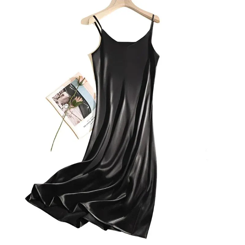 Women Adjustable Strap Satin  Long Birthday Party Dresses Maxi Beach Sundress Robe