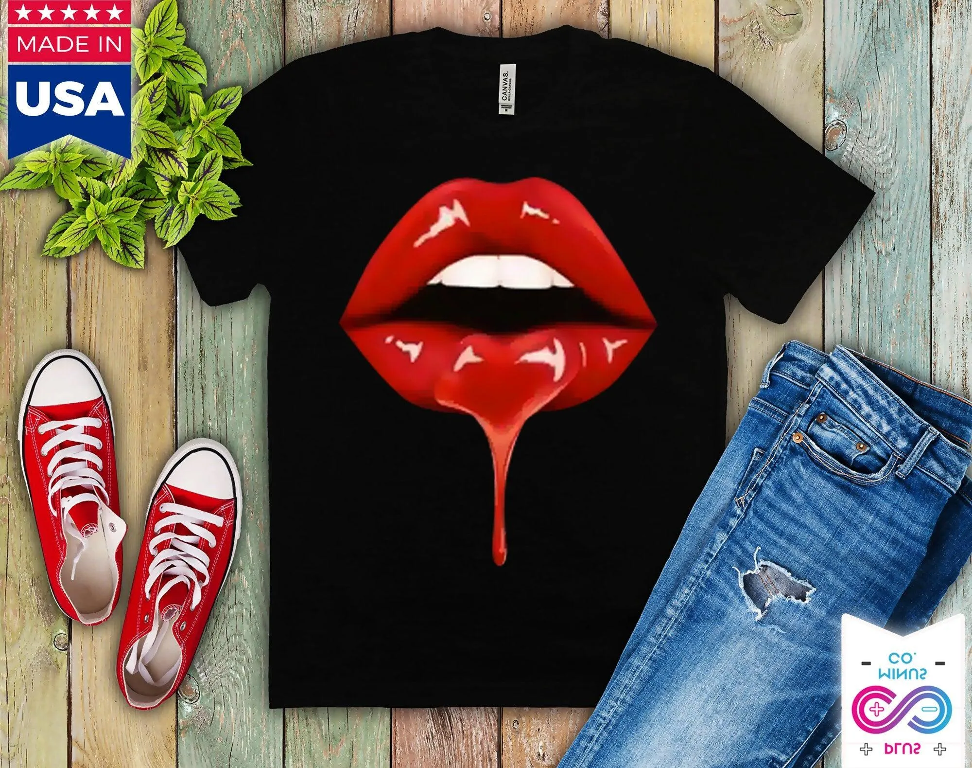 Women Lip Funny Printed Girl Black T-Shirts