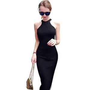 Women Long knitting Dress Spring Slim Bodycon Dresses Elastic Skinny Split Dress Brief Halter Black Dresses vestidos