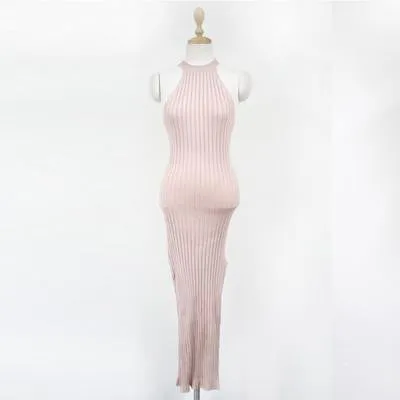 Women Long knitting Dress Spring Slim Bodycon Dresses Elastic Skinny Split Dress Brief Halter Black Dresses vestidos