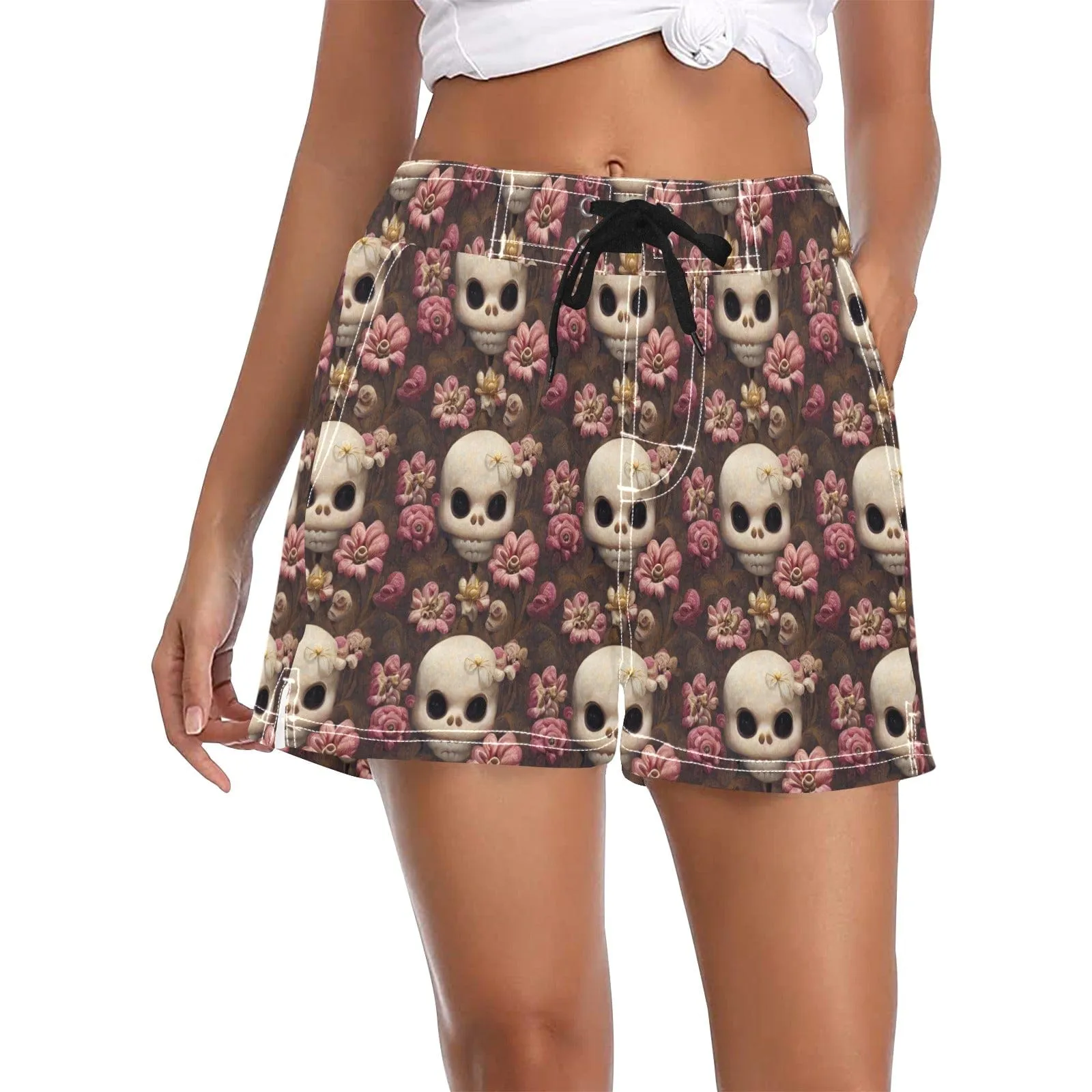Women's Cute Pink Flower Skull Board Shorts