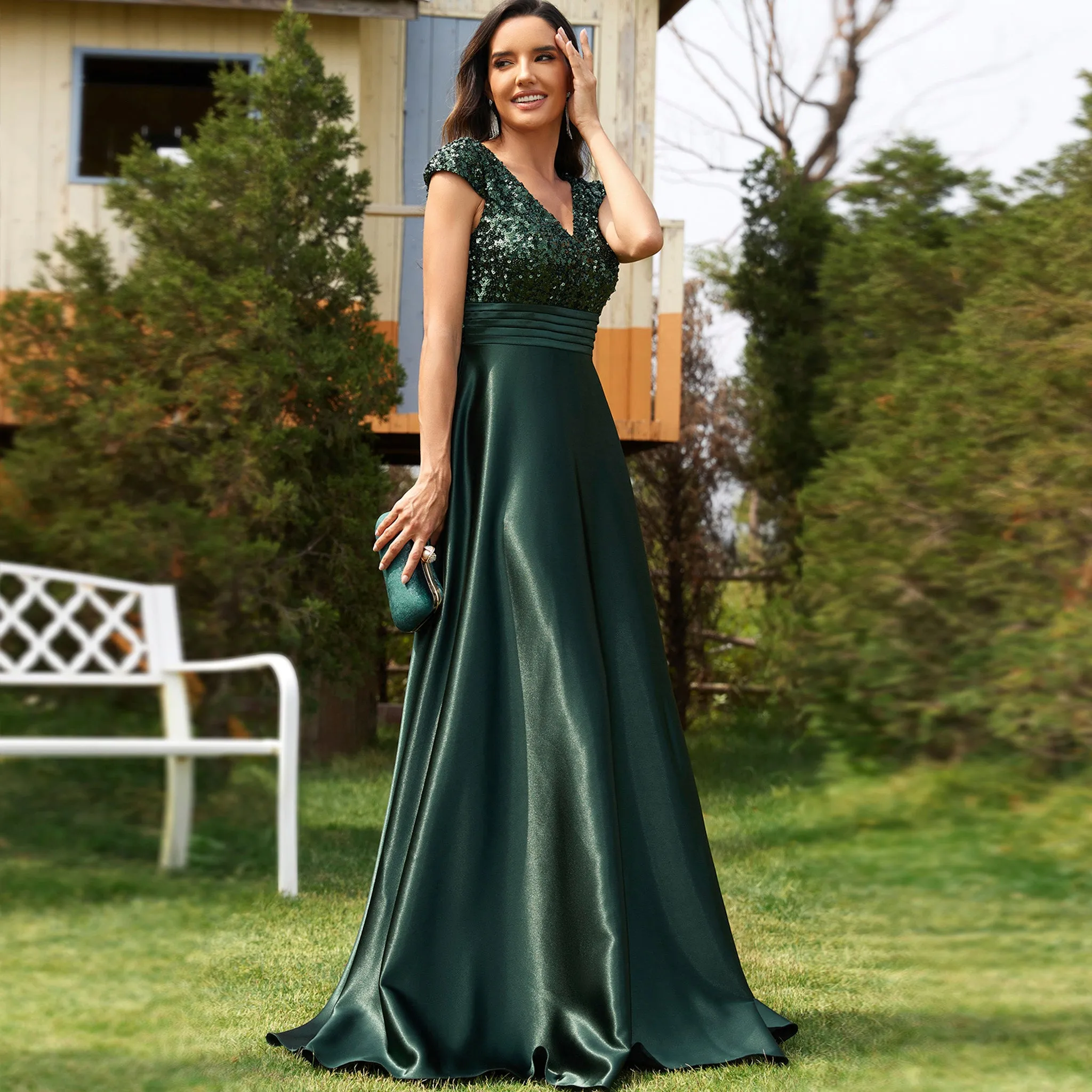 Women's Elegant Sequin Satin Prom Dress Evening Gown with Cap Sleeve
