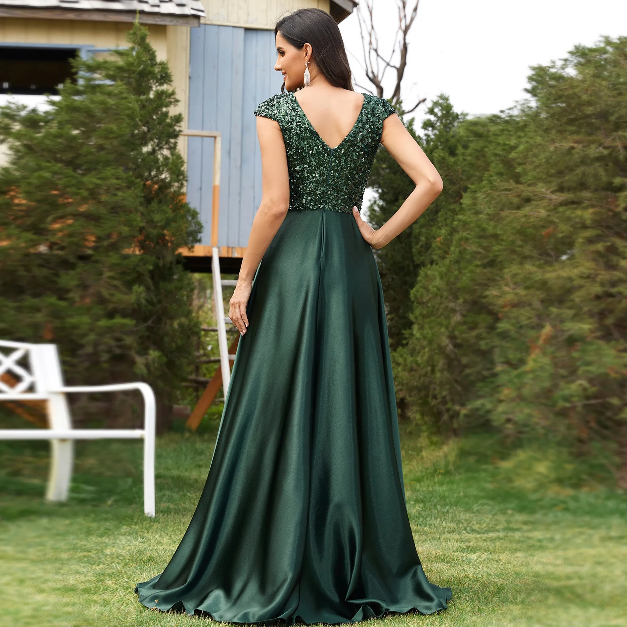 Women's Elegant Sequin Satin Prom Dress Evening Gown with Cap Sleeve