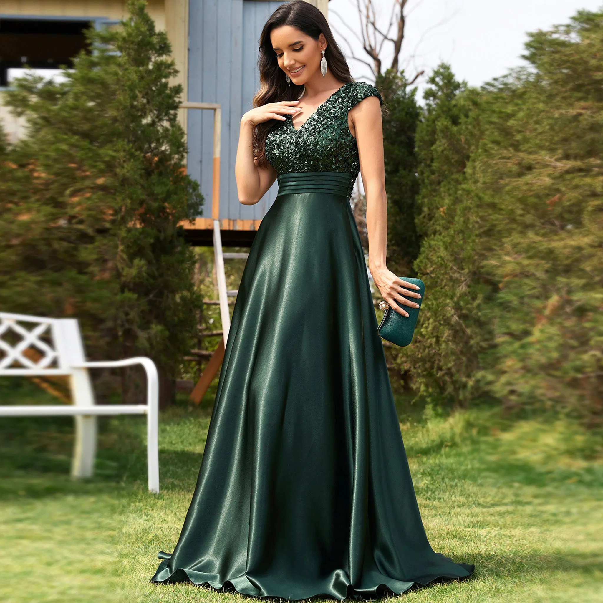 Women's Elegant Sequin Satin Prom Dress Evening Gown with Cap Sleeve