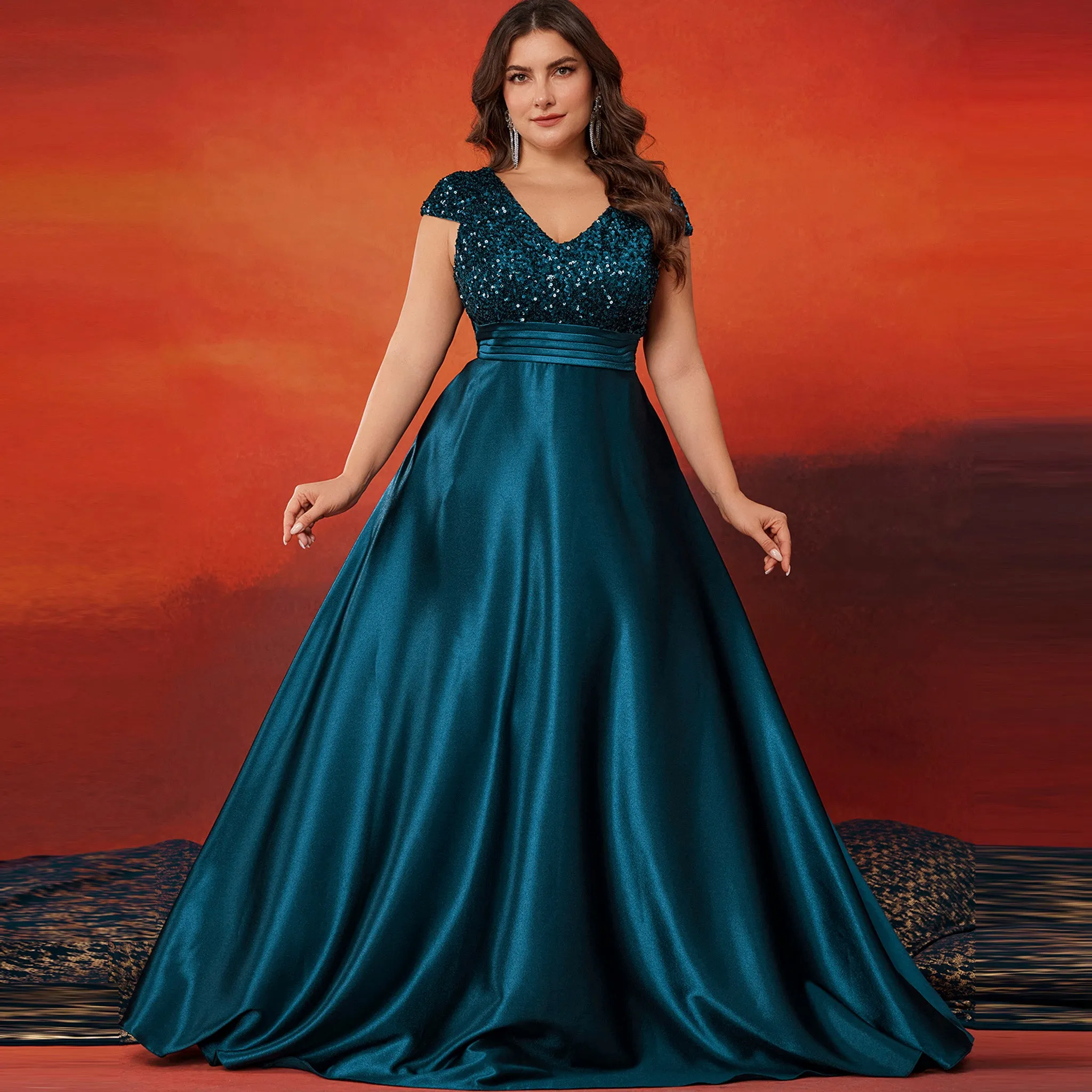 Women's Elegant Sequin Satin Prom Dress Evening Gown with Cap Sleeve