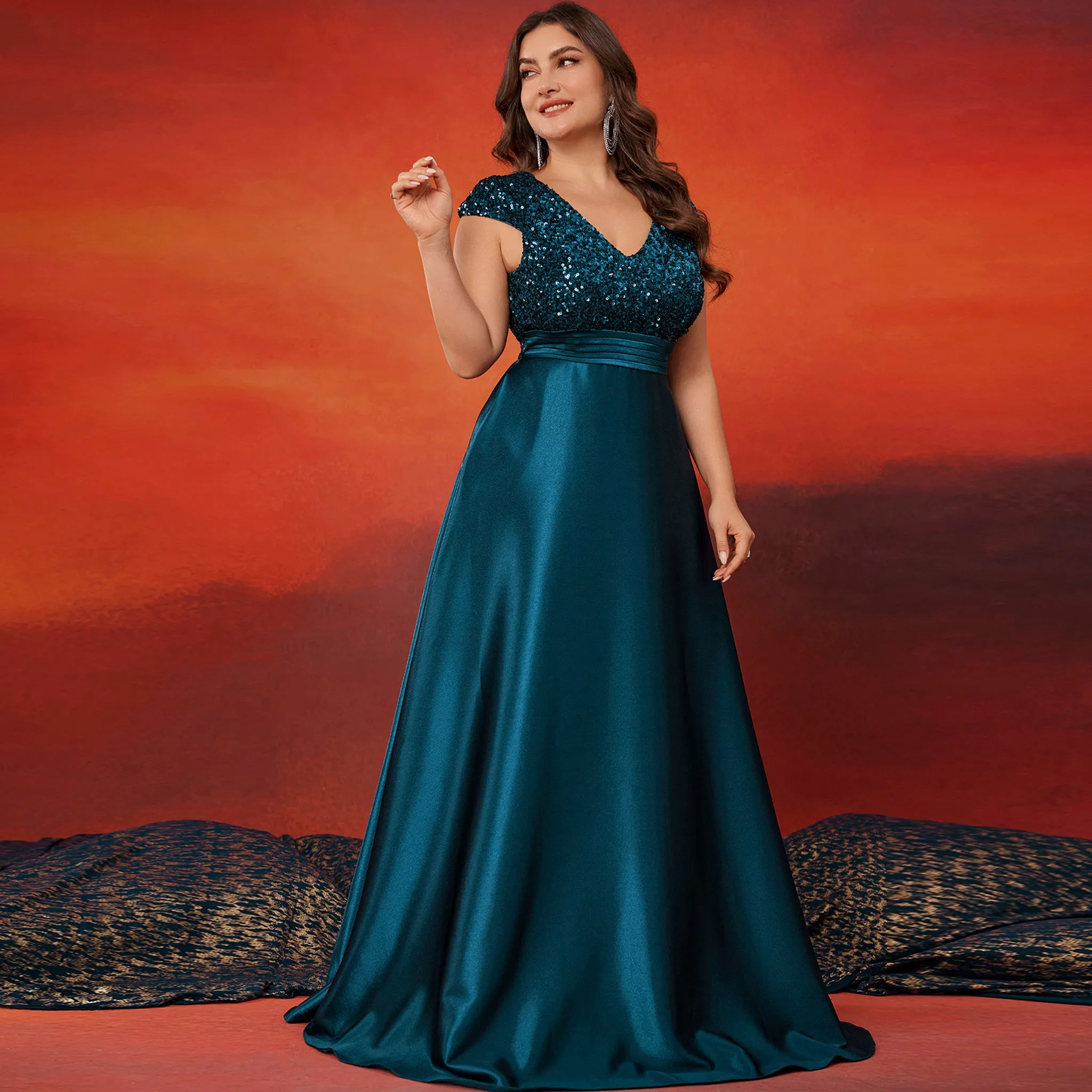 Women's Elegant Sequin Satin Prom Dress Evening Gown with Cap Sleeve