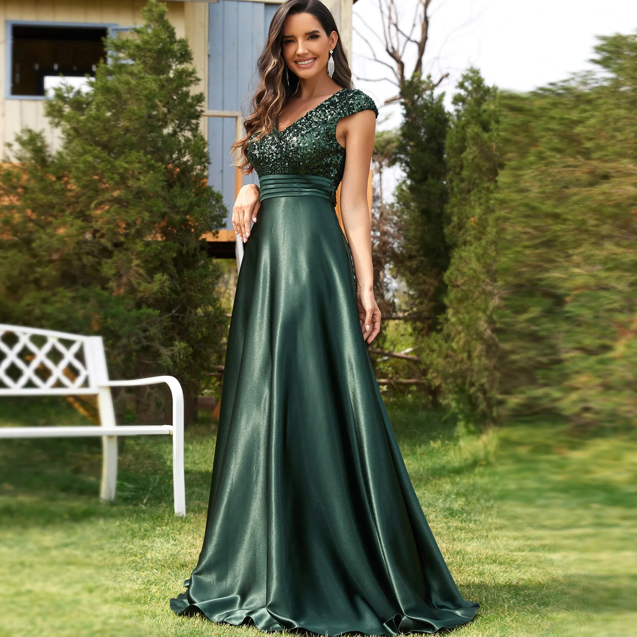 Women's Elegant Sequin Satin Prom Dress Evening Gown with Cap Sleeve