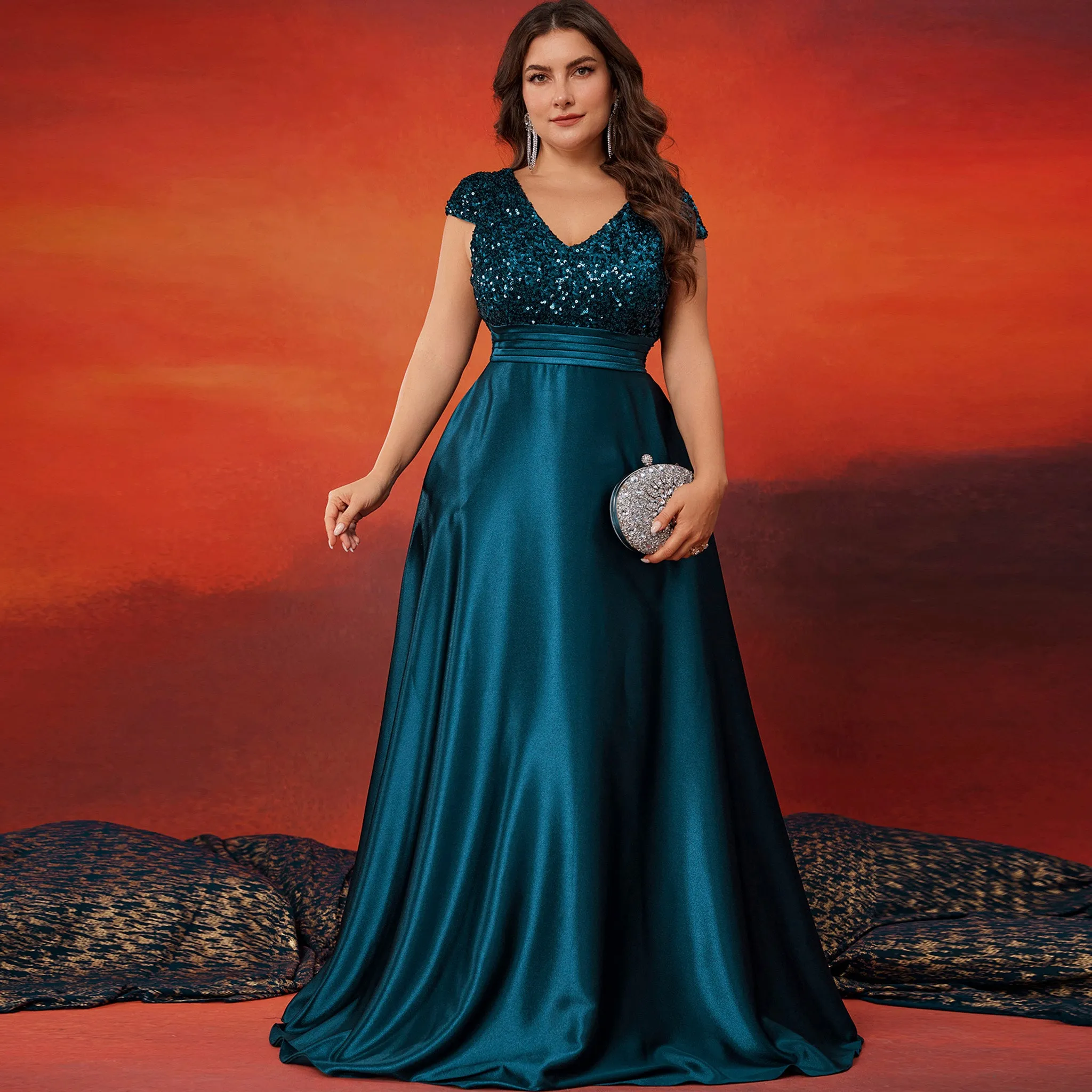 Women's Elegant Sequin Satin Prom Dress Evening Gown with Cap Sleeve