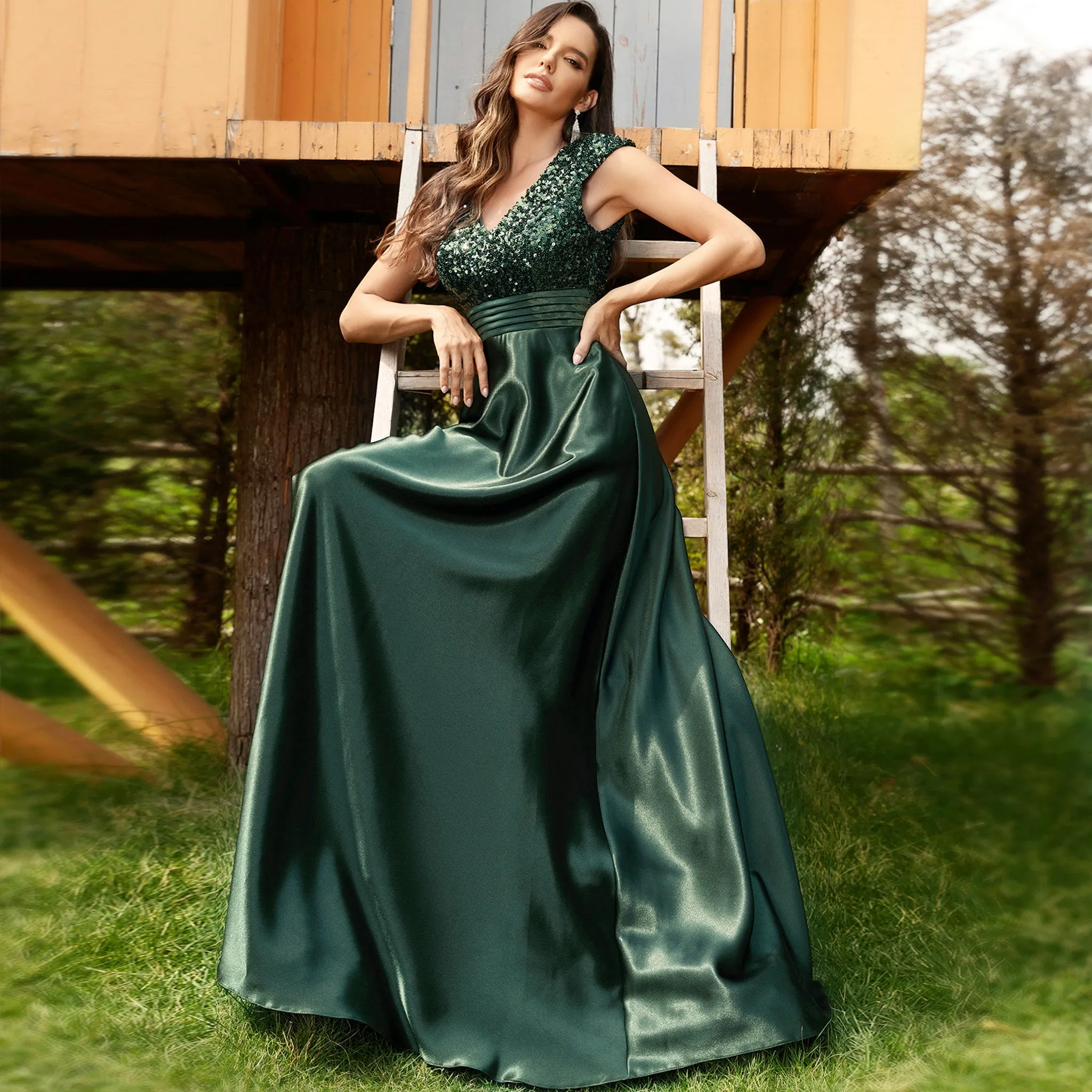 Women's Elegant Sequin Satin Prom Dress Evening Gown with Cap Sleeve
