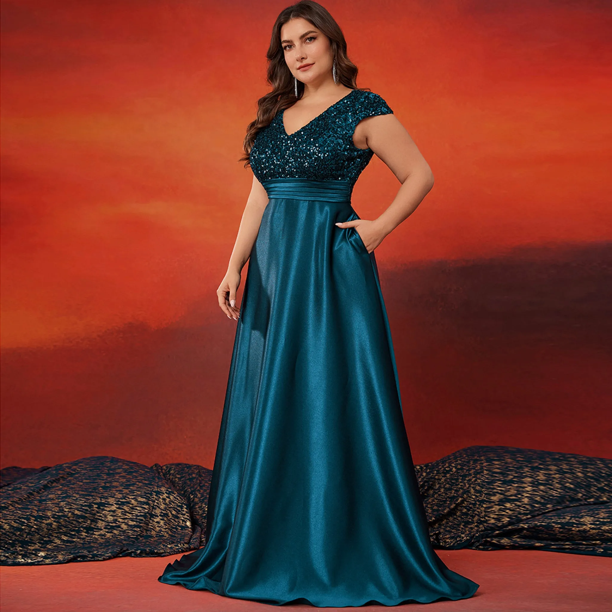 Women's Elegant Sequin Satin Prom Dress Evening Gown with Cap Sleeve