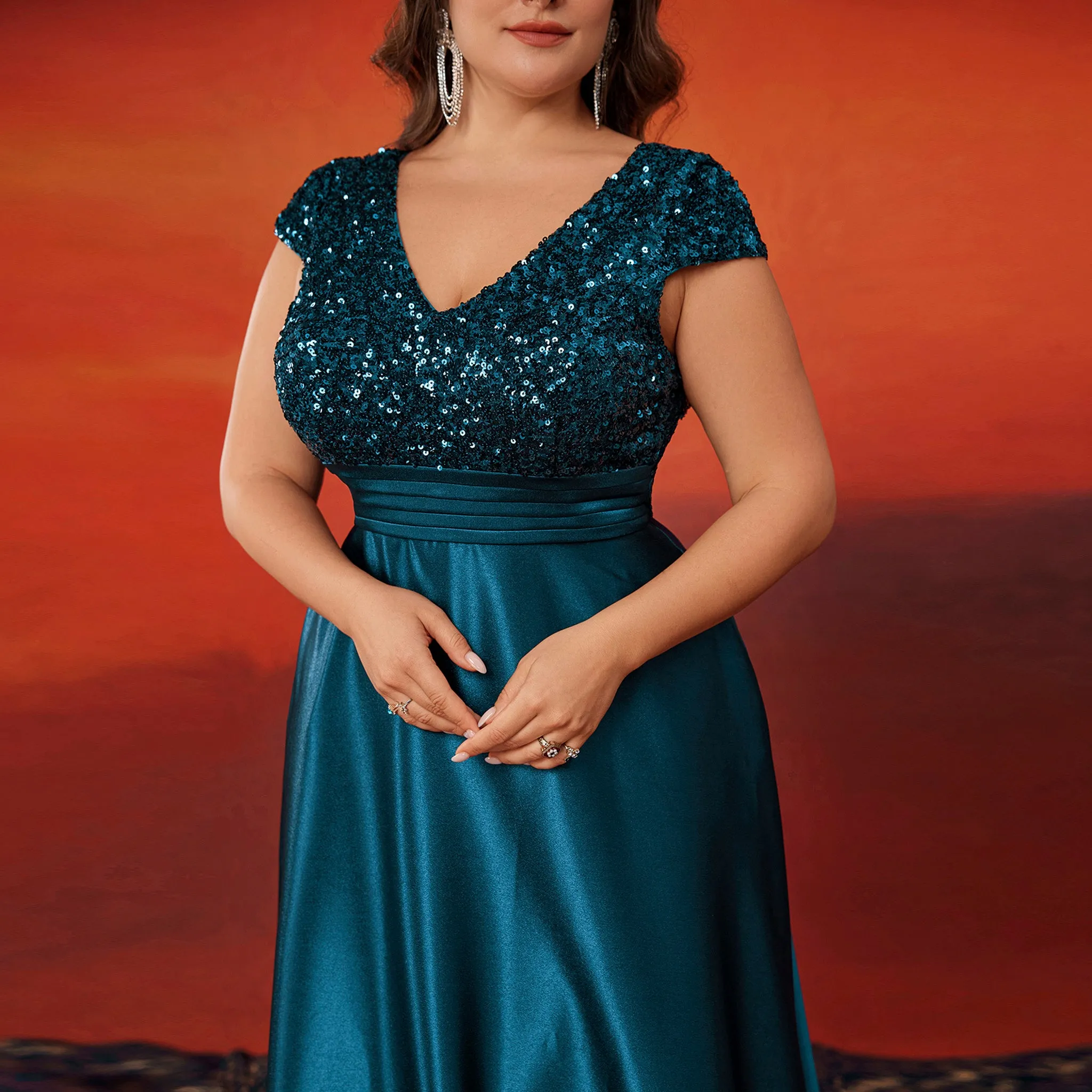 Women's Elegant Sequin Satin Prom Dress Evening Gown with Cap Sleeve