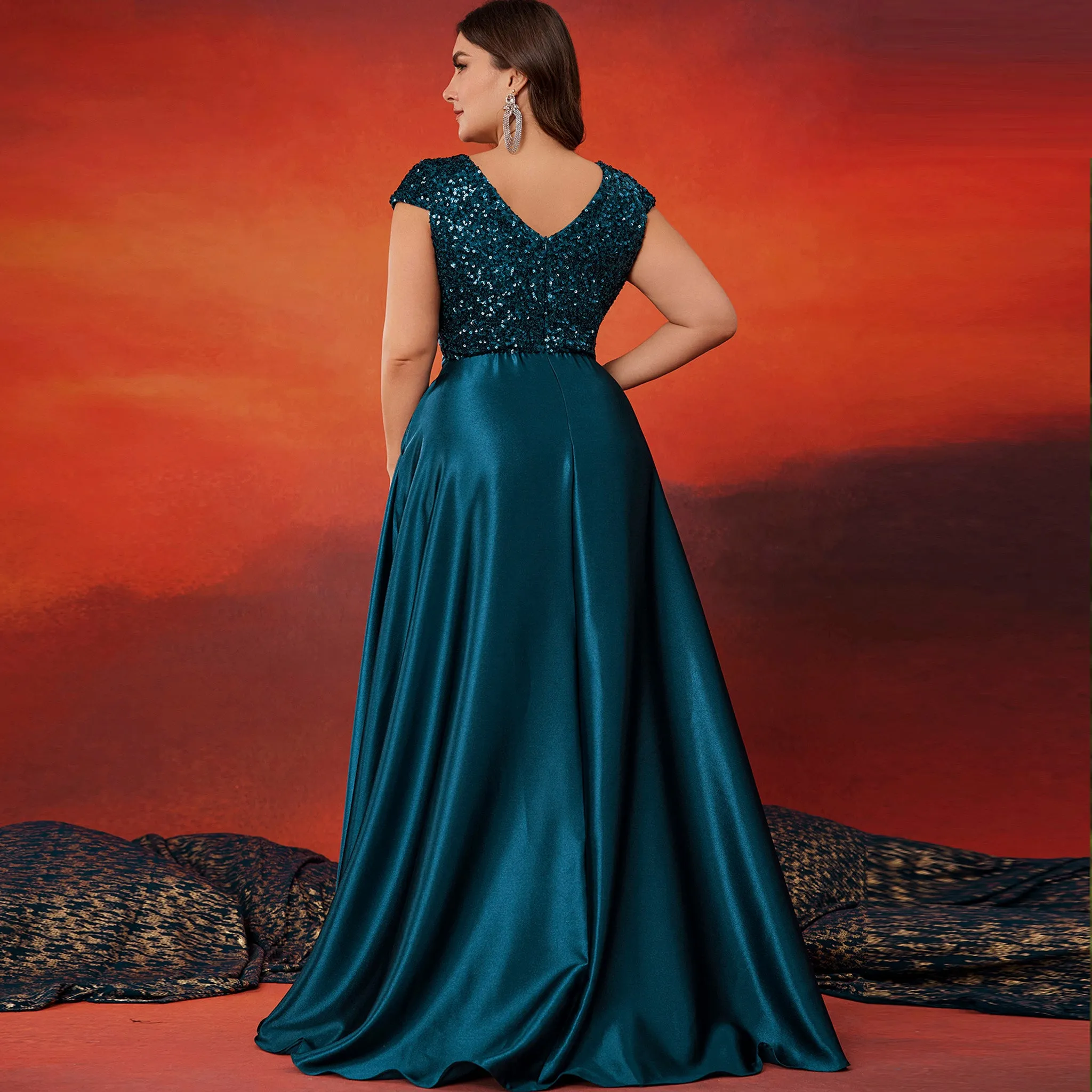 Women's Elegant Sequin Satin Prom Dress Evening Gown with Cap Sleeve