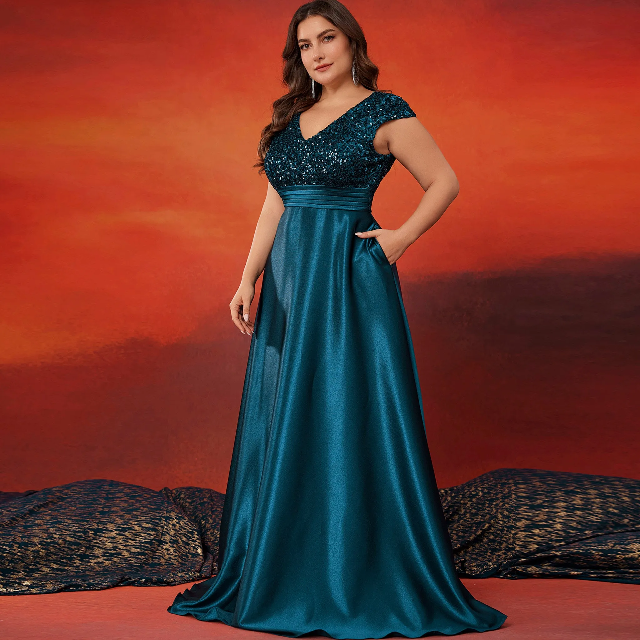 Women's Elegant Sequin Satin Prom Dress Evening Gown with Cap Sleeve