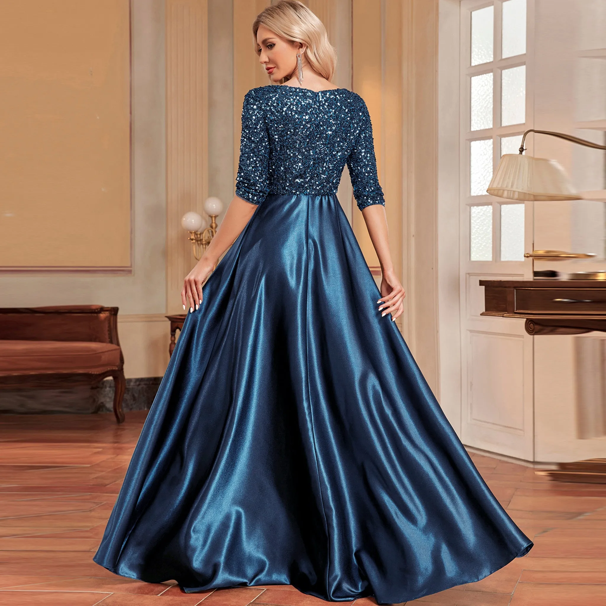 Women's Half Sleeve Sequin Formal Prom Dress Evening Gown with Pocket